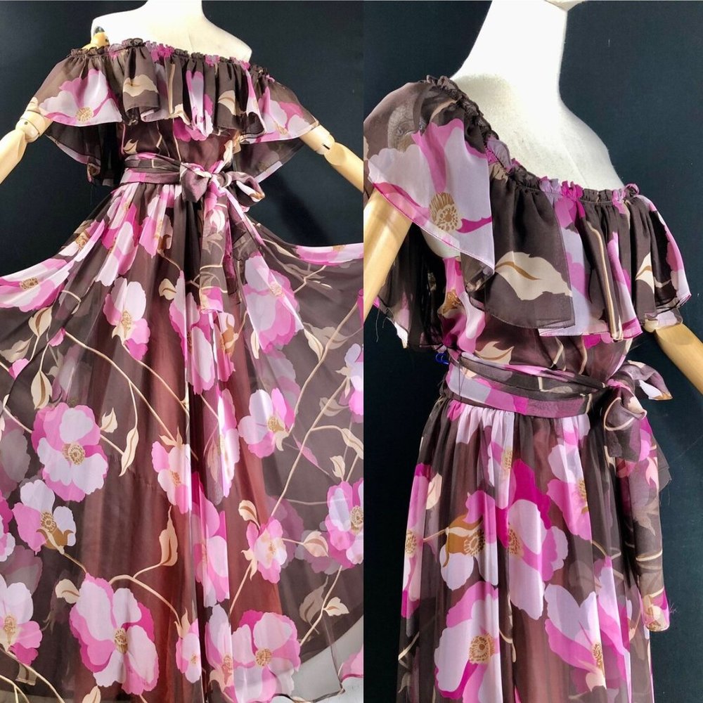 Brown Pink Chiffon Floral Long Maxi Evening Dress